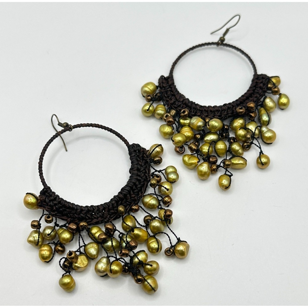 Pearl Dangle Hoop Earrings Bohemian Style 4" Drop Pierced Artisan